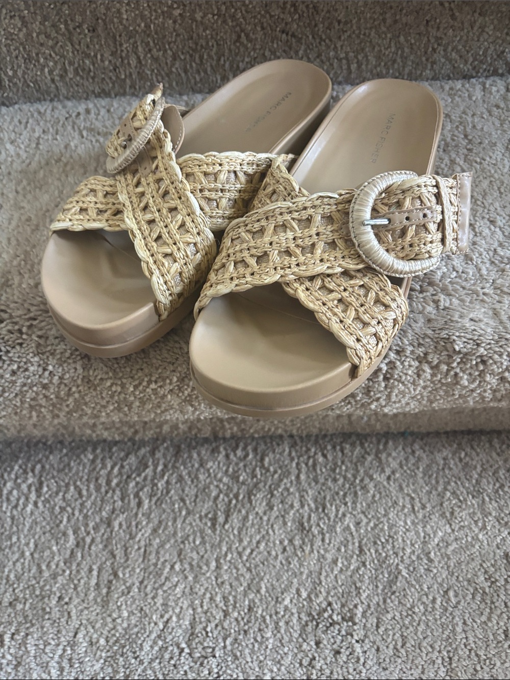 Marc Fisher Beige Woven Slide Sandals with Buckle